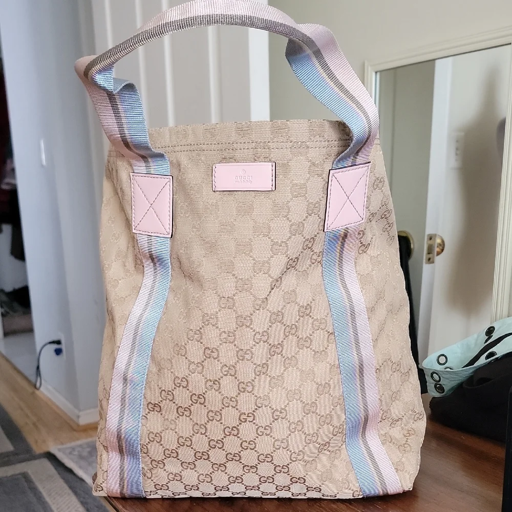 New with Tag attached Gucci Beige GG Canvas Tote with Pastel Pink & Blue Straps - Picture 1 of 16